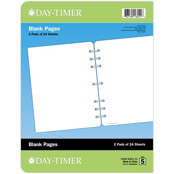 DayTimer® Blank Pages, LooseLeaf, White, Folio Size, 8 1/2" x 11