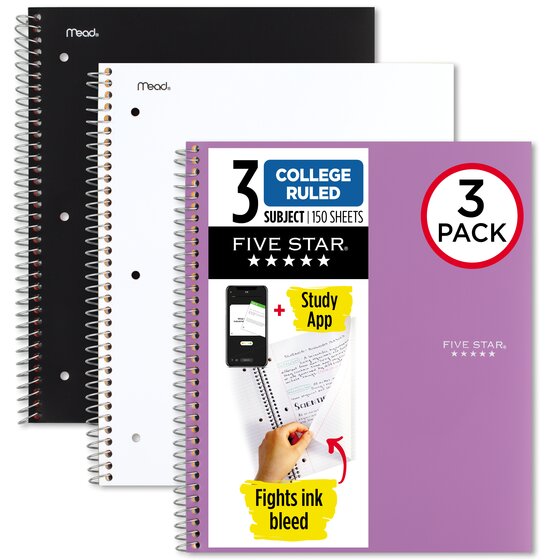Five Star® Wirebound Notebook Plus Study App, 3 Subject, College Ruled, 8  1/2