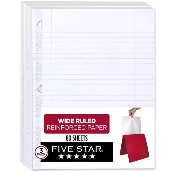 Five Star® Reinforced Filler Paper, Wide Ruled, 8" x 10 1/2", 80 Sheets/Pack, 3 Pack