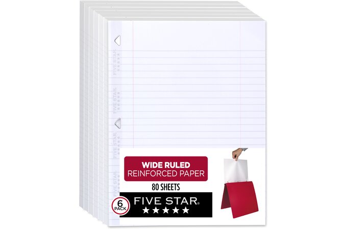 Five Star® Reinforced Filler Paper, Wide Ruled, 8 x 10 1/2, 80  Sheets/Pack, 6 Pack