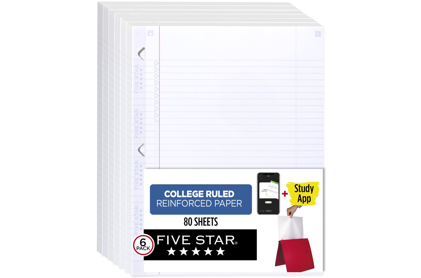 Five Star® Reinforced Filler Paper Plus Study App, College Ruled, 8 1/2 x  11, 80 Sheets/Pack, 6 Pack, Filler Paper