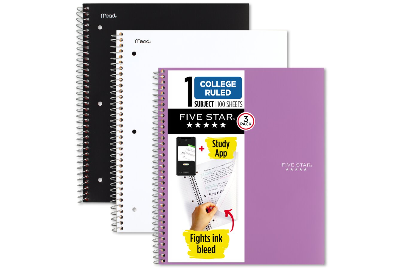 Five Star® Wirebound Notebook Plus Study App, 1 Subject, College Ruled, 8  1/2 x 11, 3 Pack, Black, White, Amethyst Purple, Multipacks