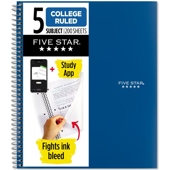 Five Star® Spiral Notebook Plus Study App, 5 Subject, College Ruled, 8 1/2