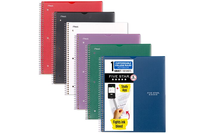 Five Star® Top Bound Note Pad Plus Study App, 1 Subject, College Ruled, 8  1/2 x 11, 6 Pack, Multipacks