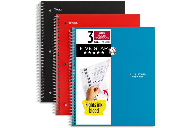 Five Star Wirebound Notebook, 3 Subject, Wide Ruled, 8 x 10 1/2