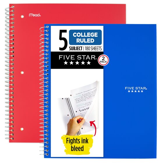 Five Star Wirebound Notebook, 5 Subject, College Ruled, 11