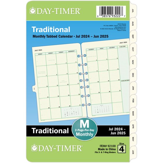 Day Timer Two Page Per Month Loose-Leaf Tabbed Calendar Refills, 5 1/2
