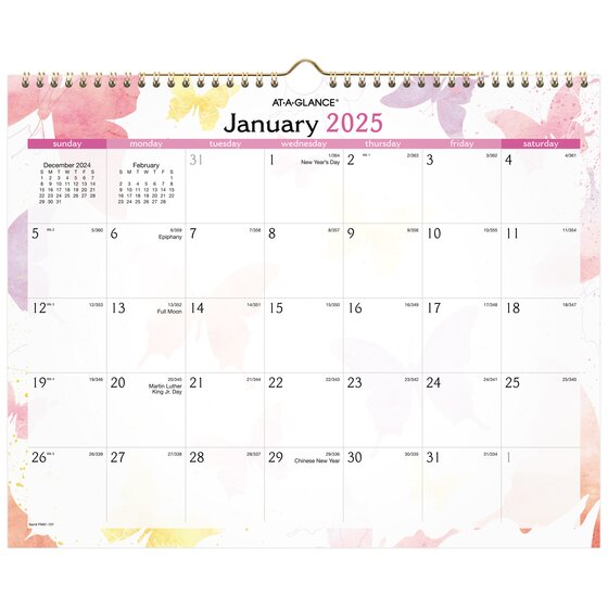 AT-A-GLANCE® Watercolors 2025 Monthly Wall Calendar, Medium, 15