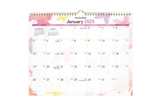 AT-A-GLANCE® Watercolors 2025 Monthly Wall Calendar, Medium, 15