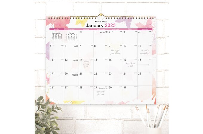 AT-A-GLANCE® Watercolors 2025 Monthly Wall Calendar, Medium, 15