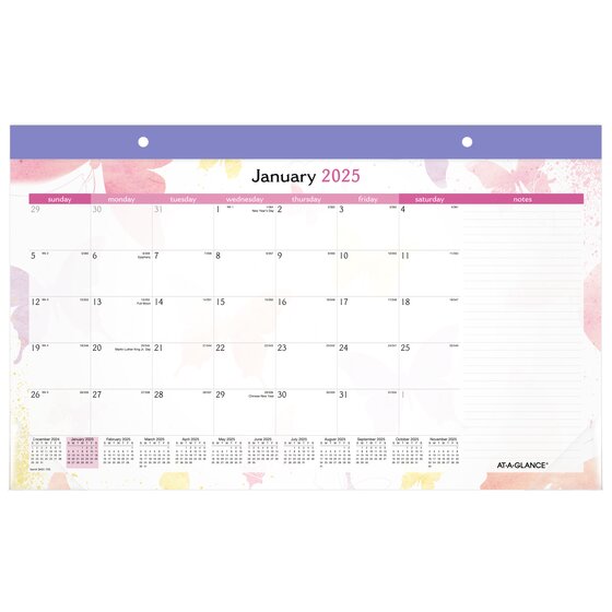 ATAGLANCE® Watercolors 2025 Monthly Desk Pad Calendar, Compact, 17 3/