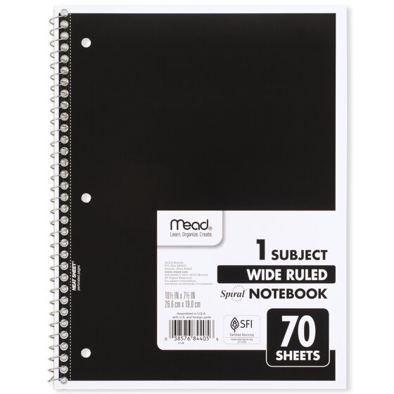 Mead Spiral Notebook, 1 Subject, Wide Ruled, 70 Sheets, 10 1/2