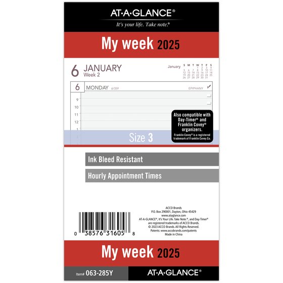 ATAGLANCE® 2025 Weekly Planner Refill, LooseLeaf, Portable Size, 3 3