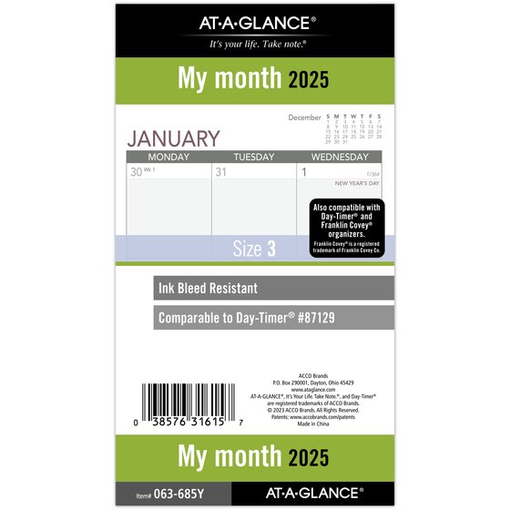 ATAGLANCE® 2025 Monthly Planner Refill, LooseLeaf, Portable Size, 3