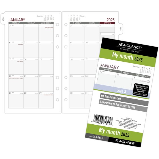 ATAGLANCE® 2025 Monthly Planner Refill, LooseLeaf, Portable Size, 3