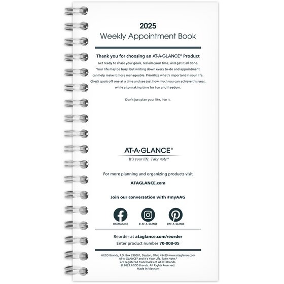 AT-A-GLANCE® 2025 Weekly Appointment Book Planner Refill for 70-008