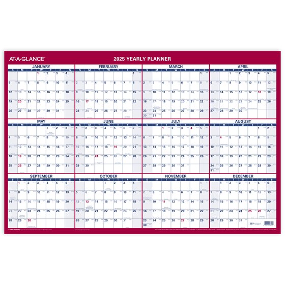 AT-A-GLANCE® 2025 Vertical Horizontal Reversible Erasable Yearly Wall Calendar, Large, 36" x 24 