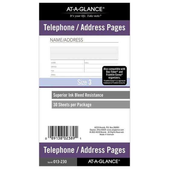 AT-A-GLANCE Telephone/Address Planner Pages | Refillable