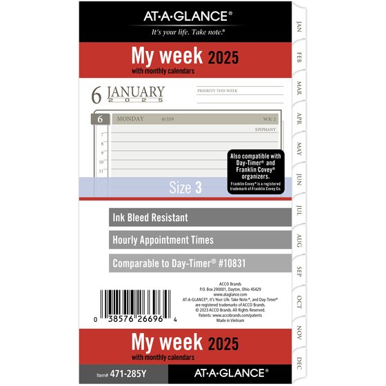 ATAGLANCE® 2025 Weekly Monthly Planner Refill, LooseLeaf, Portable