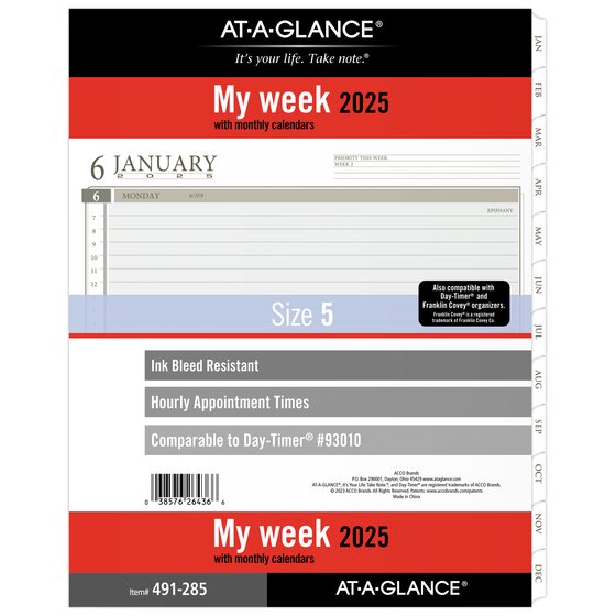 ATAGLANCE® 2025 Weekly Planner Refill, Loose Leaf, Folio Size, 8 1/2