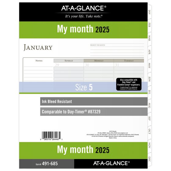 ATAGLANCE® 2025 Monthly Planner Refill, LooseLeaf, Folio Size, 8 1/2