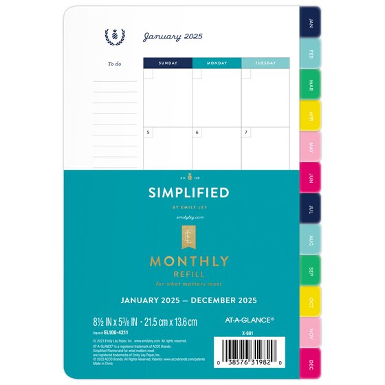 Simplified by Emily Ley for ATAGLANCE® 2025 Monthly Refill, Loose