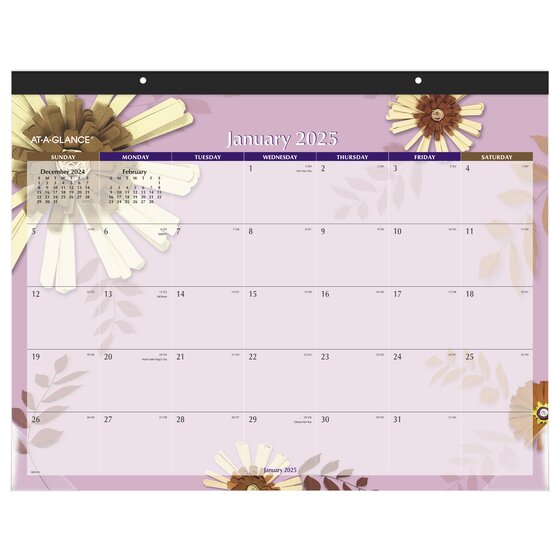 AT-A-GLANCE® 2025 Paper Flowers Monthly Desk Pad, Standard, 21 3/4