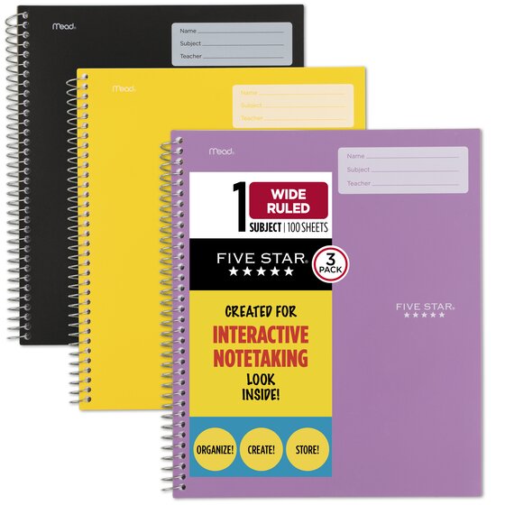 Five Star® Interactive Notebook, 1 Subject, Wide Ruled, 3 Pack, Black, Amethyst Purple, Harvest Yellow