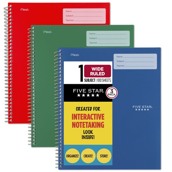 Five Star® Interactive Notebook, 1 Subject, Wide Ruled, 3 Pack, Forest Green, Fire Red, Pacific Blue