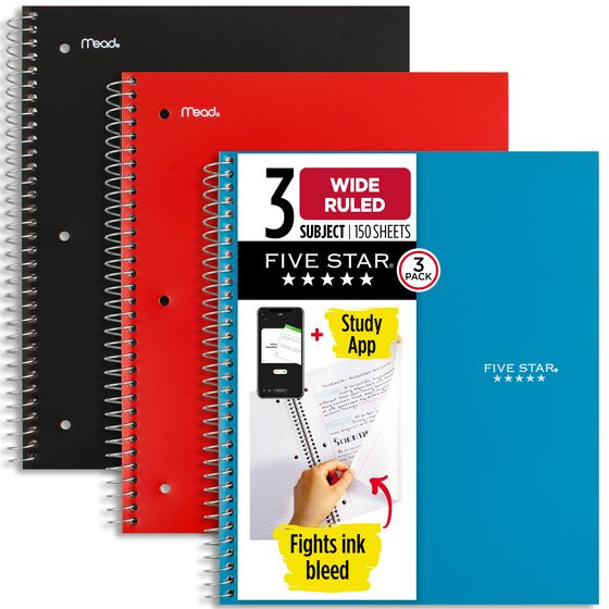 Five Star® Spiral Notebook Plus Study App, 3 Subject, Wide Ruled, 8" x 10 1/2", 3 Pack, Tidewater Blue, Fire Red, Black