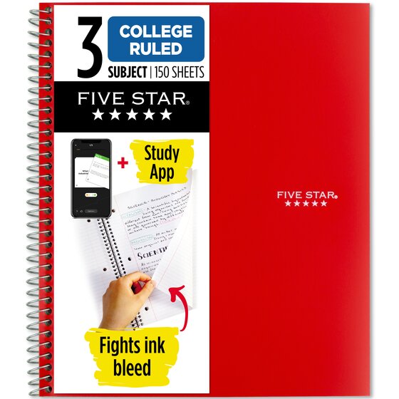 Five Star® Wireound Notebook Plus Study App, 3 Subject, College 