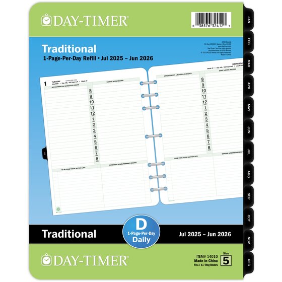 DayTimer® July 2025 June 2026 One Page Per Day Planner Refill, Loose