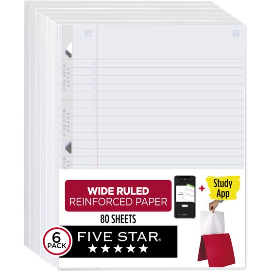 Five Star® Reinforced Filler Paper Plus Study App, Wide Ruled, 8" x 10 1/2", 80 Sheets/Pack, 6 pack