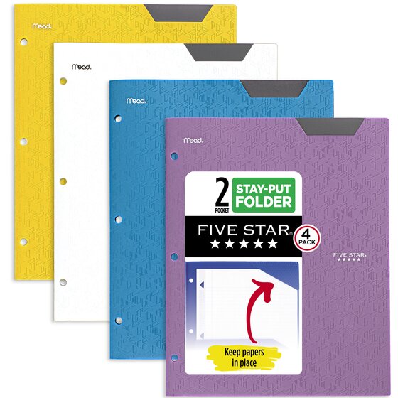 Five Star® 2-Pocket Stay-Put Plastic Folder, 4 Pack, Amethyst Purple