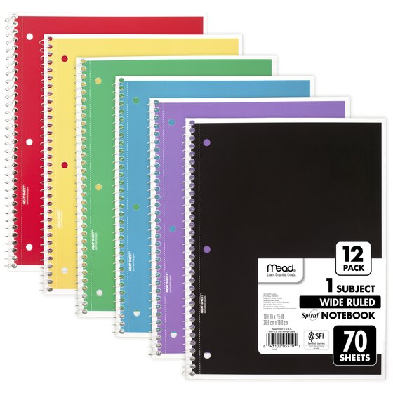Mead Spiral Notebook, 1 Subject, Wide Ruled, 70 Sheets, 10 1/2" x 7 1/2 ...