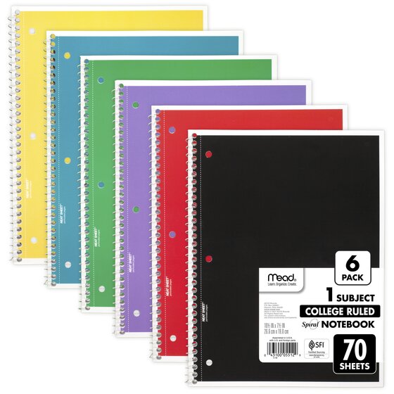 Mead Spiral Notebook, 1 Subject, College Ruled, 70 Sheets, 10 1/2