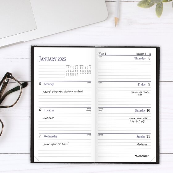 ATAGLANCE® Fine Diary® 2026 Weekly Monthly Diary, Black, Pocket, 3" x