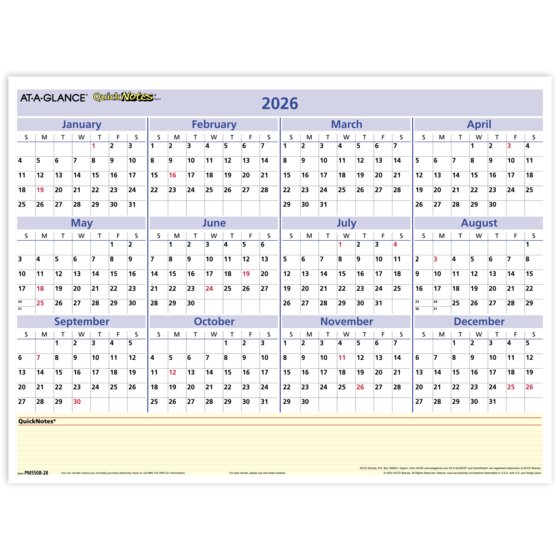 ATAGLANCE® QuickNotes® 2026 Reversible Erasable Monthly Yearly Wall