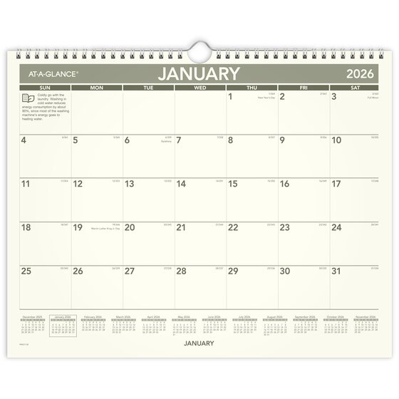 ATAGLANCE® 2026 Recycled Monthly Wall Calendar, Medium, 15" x 12