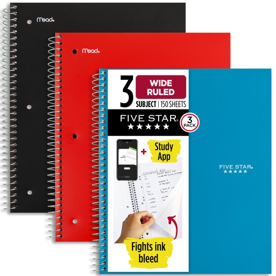 Five Star® Spiral Notebook Plus Study App, 3 Subject, Wide Ruled, 8" x 10 1/2", 3 Pack, Tidewater Blue, Fire Red, Black