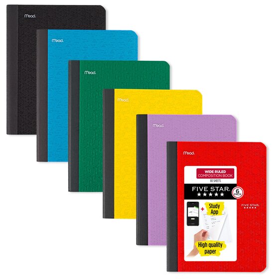 Five Star® Composition Book Plus Study App, Wide Ruled, 80 Sheets, 7 1/2" x 9 3/4", 6 Pack