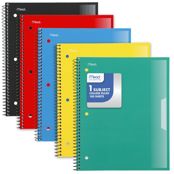 Mead® Spiral Notebook, 5 Pack, 1 Subject, College Ruled, Plastic Cover ...
