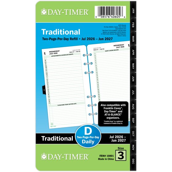 Day-Timer® July 2026 – June 2027 Two Page Per Day Reference Planner Refill, Loose-Leaf, Portable Size, 3 3/4" x 6 3/4"