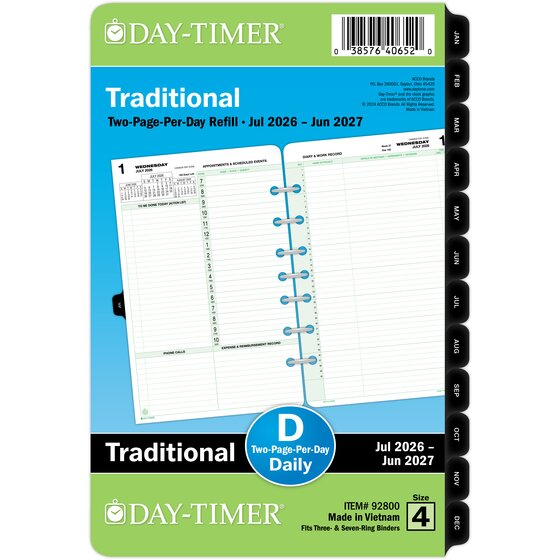 Day-Timer® July 2026 – June 2027 Two Page Per Day Reference Planner Refill, Loose-Leaf, Desk Size, 5 1/2" x 8 1/2"