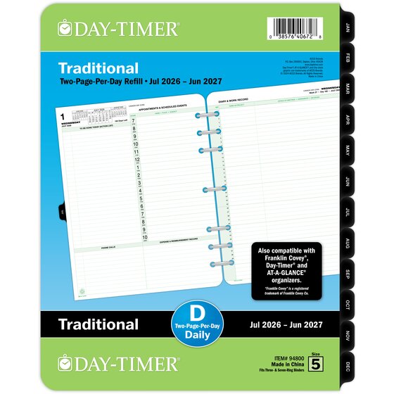 Day-Timer® Two Page Per Day Reference Loose-Leaf Planner Refills, Folio
