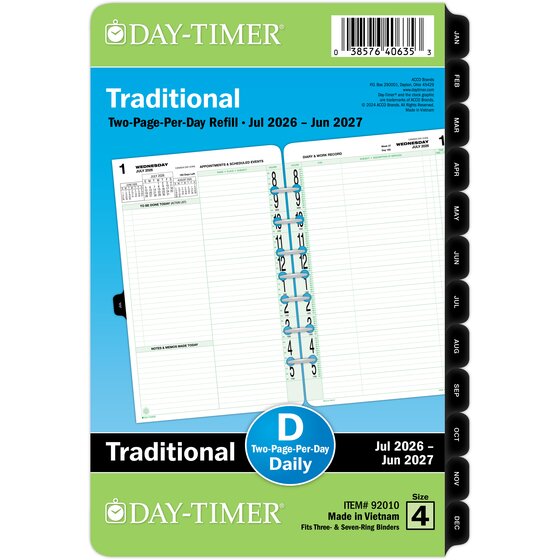 Day-Timer® July 2026 – June 2027 Two Page Per Day Original Planner Refill, Loose-Leaf, Desk Size, 5 1/2" x 8 1/2"
