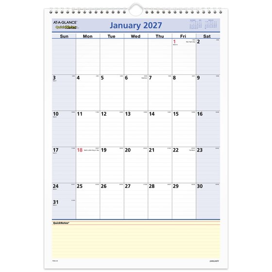 AT-A-GLANCE QuickNotes 2027 Monthly Desk Wall Calendar Medium 12 x 17 - Monthly