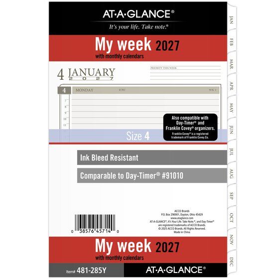 AT-A-GLANCE® 2027 Weekly Monthly Planner Refill, Loose-Leaf, Desk Size ...