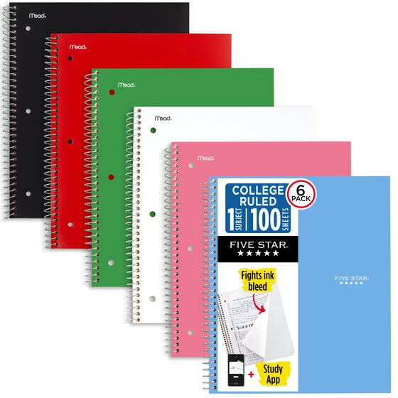 Five Star® Spiral Notebook Plus Study App, 1 Subject, College