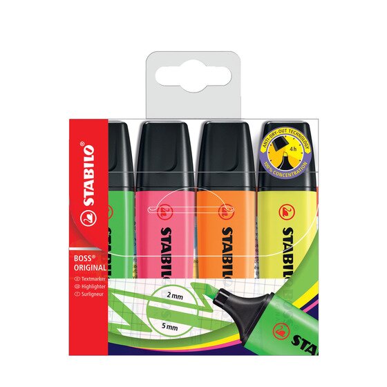 STABILO BOSS Highlighter – Assorted Neon Colours, 4-Pack Wallet